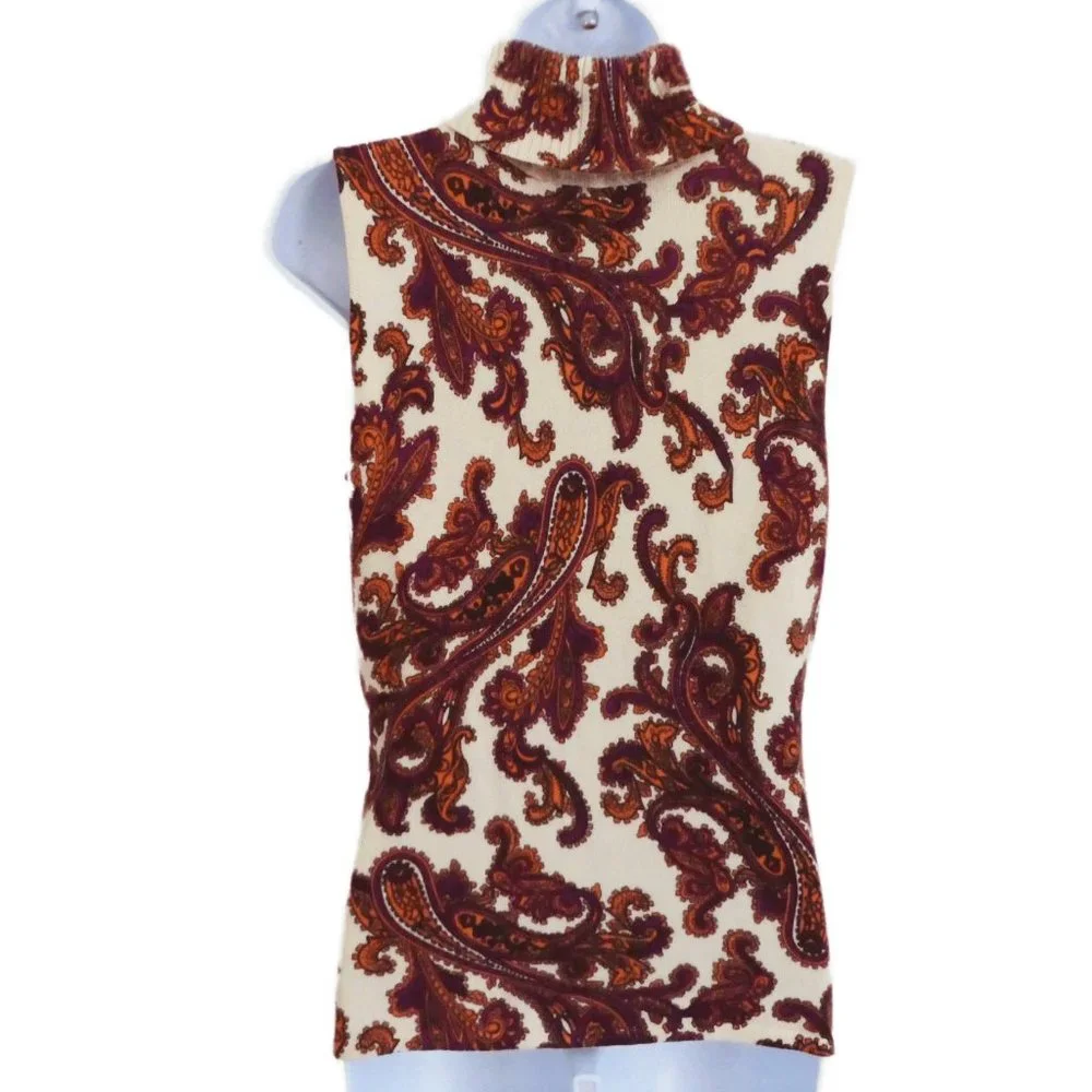 Pure CaSHMeRe Sutton Studio Turtleneck Sweater Sleeveless Paisley Vintage M